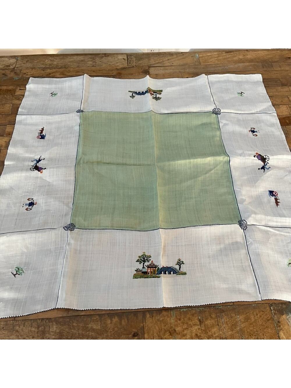 Vintage Chinese Embroidered Small Rice Linen Tablecloth 32" x 31"